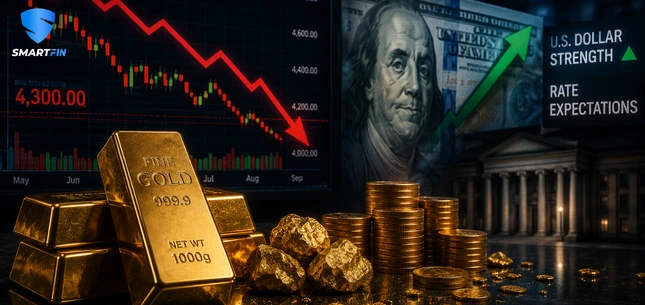 Gold Falls Below $4,300 as Dollar Strength and Rate Expectations Weigh on Markets
